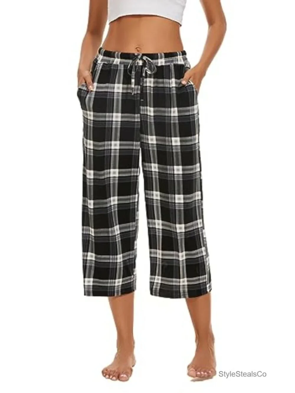 2 Pack Womens Capri Pajama Pants Drawstring Pj Bottoms with Pockets